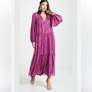 Ulla‎ Johnson Abelia Kaftan Maxi Dress Size 2 Pink Long Sleeve Floral Tier Flowy